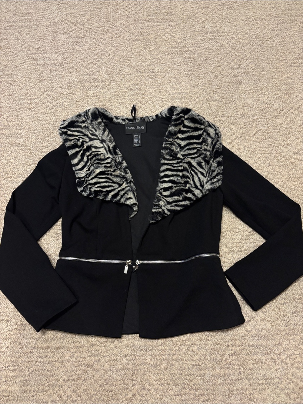 Frank Lyman Design Black Blazer with Zebra-Print Faux Fur Collar